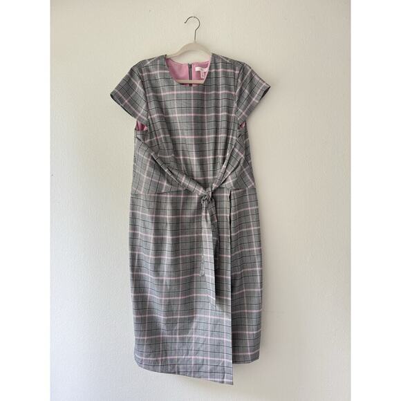 1901 Nordstrom Black Gray Pink Plaid Cinched Waist Office Midi Dress Size 16 - Picture 1 of 5